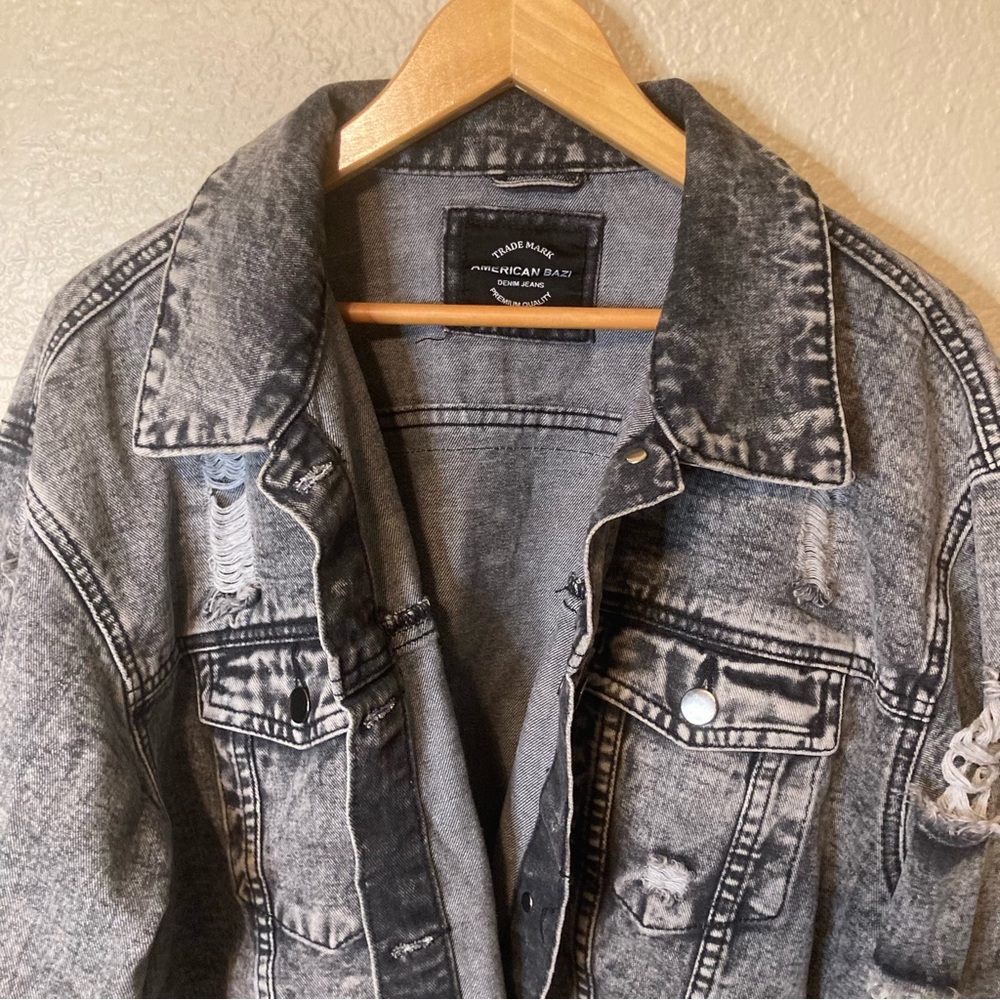 American Bazi Retro Acid Wash Cropped Denim Jacket With Chains Biker Bohemian 1X - Picture 8 of 16